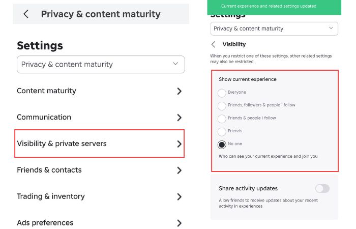 Go back to Privacy & content maturity, Visibity & private servers, Visibilty