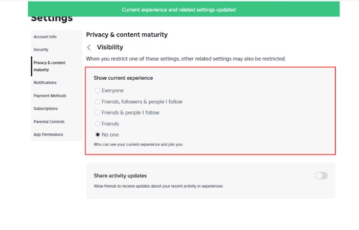 Go back to Privacy & content maturity, Visibity & private servers, Visibilty