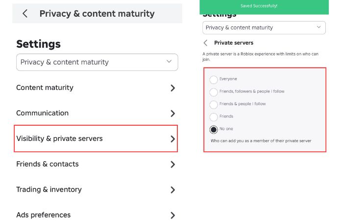 Go back to Private servers under Visibility & private servers