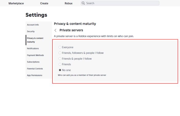 Go back to Private servers under Visibility & private servers