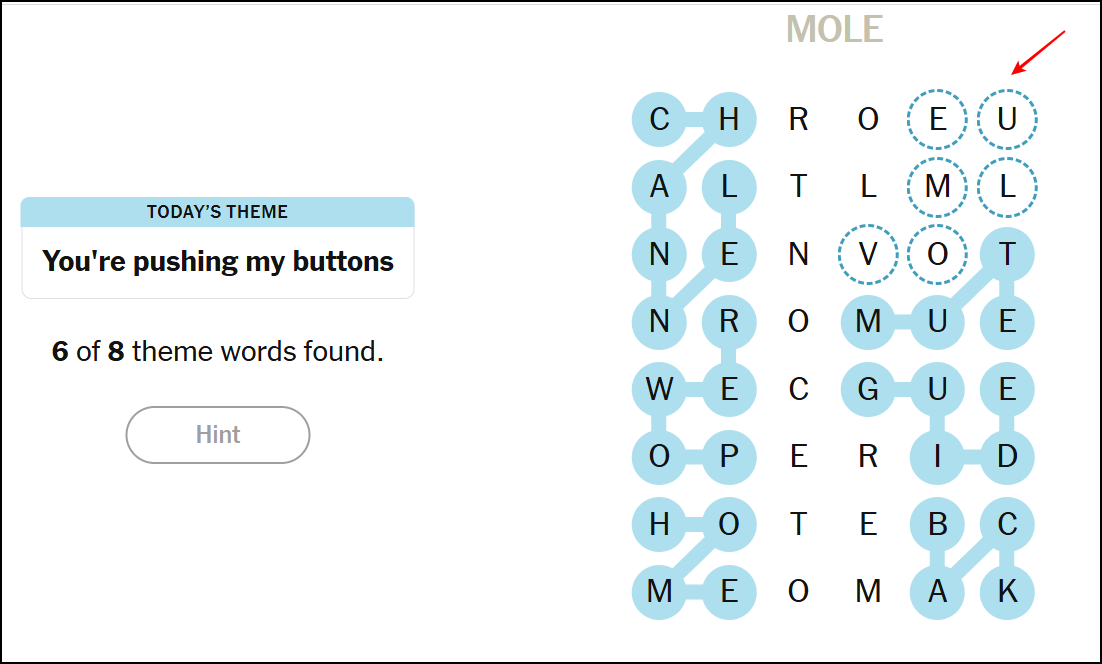 Tap on it to get a hint for the theme-centric word