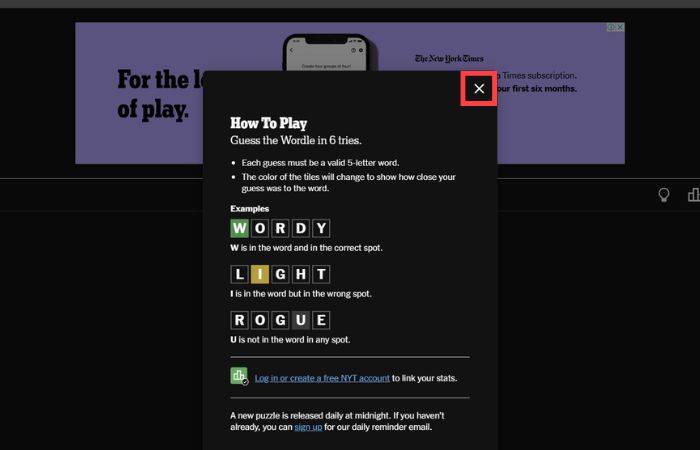 click on the X icon at the top