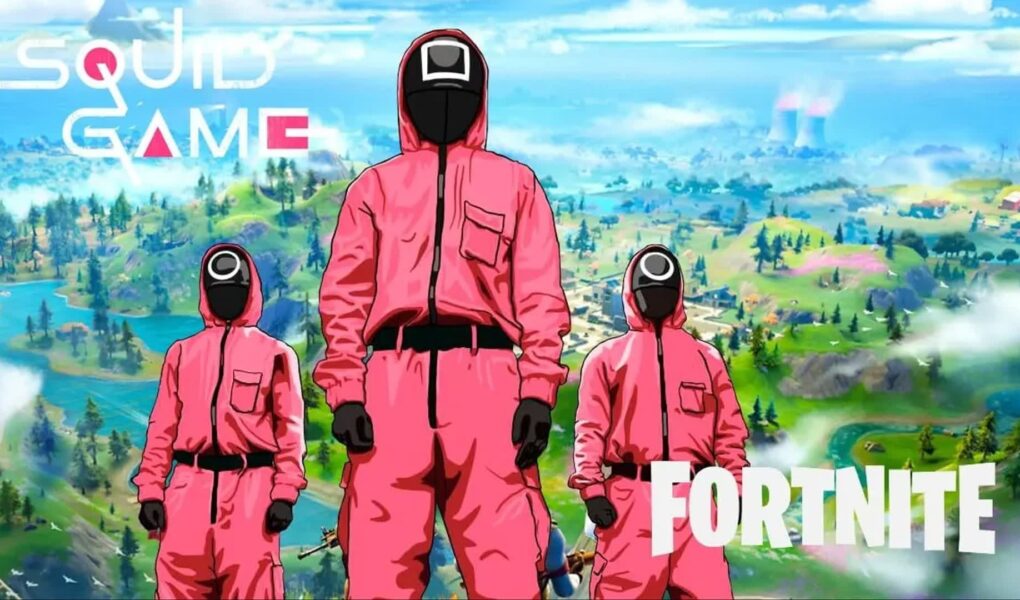 Three squid game characters in pink jumpsuits standing with a fortnite map in the background