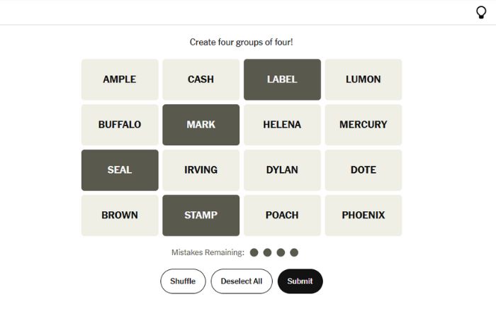 tap or click on four words that are associated with one another.