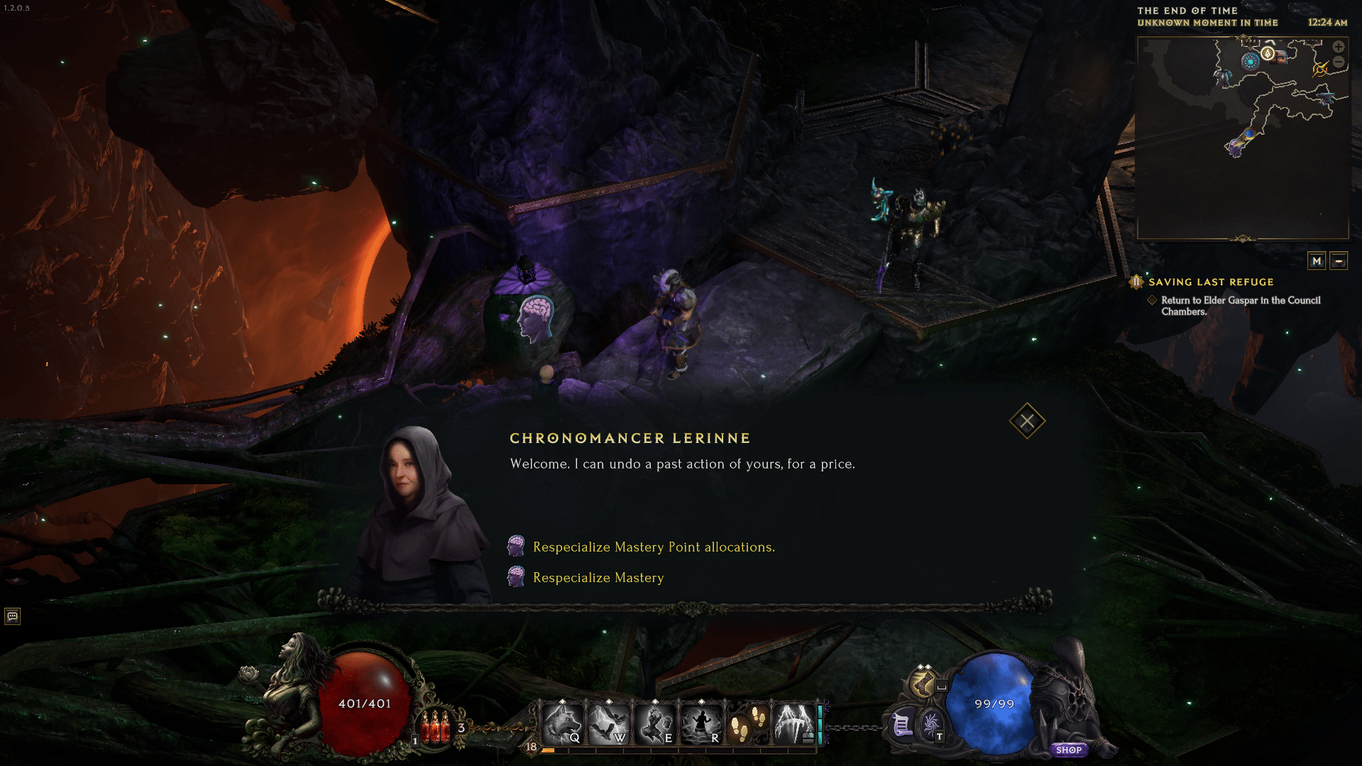 Brain icon in End of Time map to change Mastery via Chronomancer Lerinne.